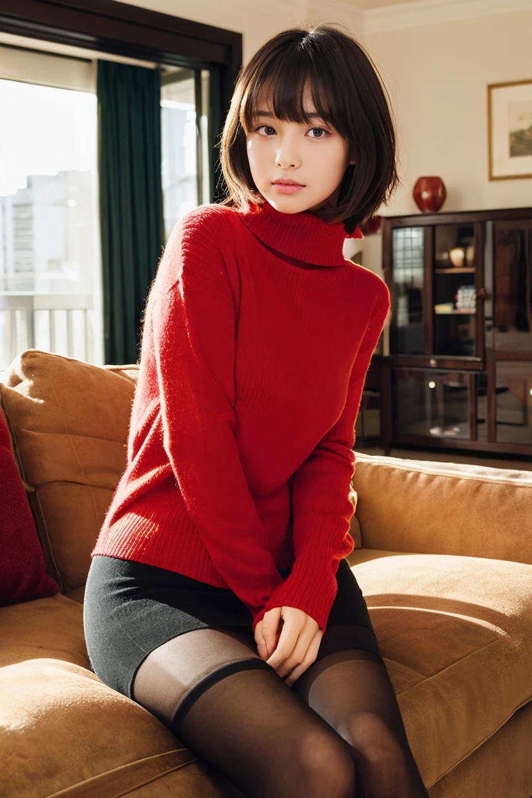 Beautiful girl wearing a red turtleneck sweater、With bangs、Black hair short bob、Bruises、ars、inside in room、sofas、(Wool miniskirt)、wool tights、Spinning、