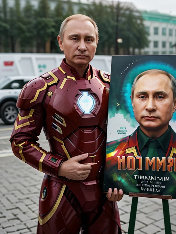 ((sfw)), add_detail, tmasterpiece, full president (Vladimir Putin) , iron man costume , moscow , 2024, highly detailed style, soft watercolors, street art and other elements, holding a sign in his hand, against the backdrop of an emerald background