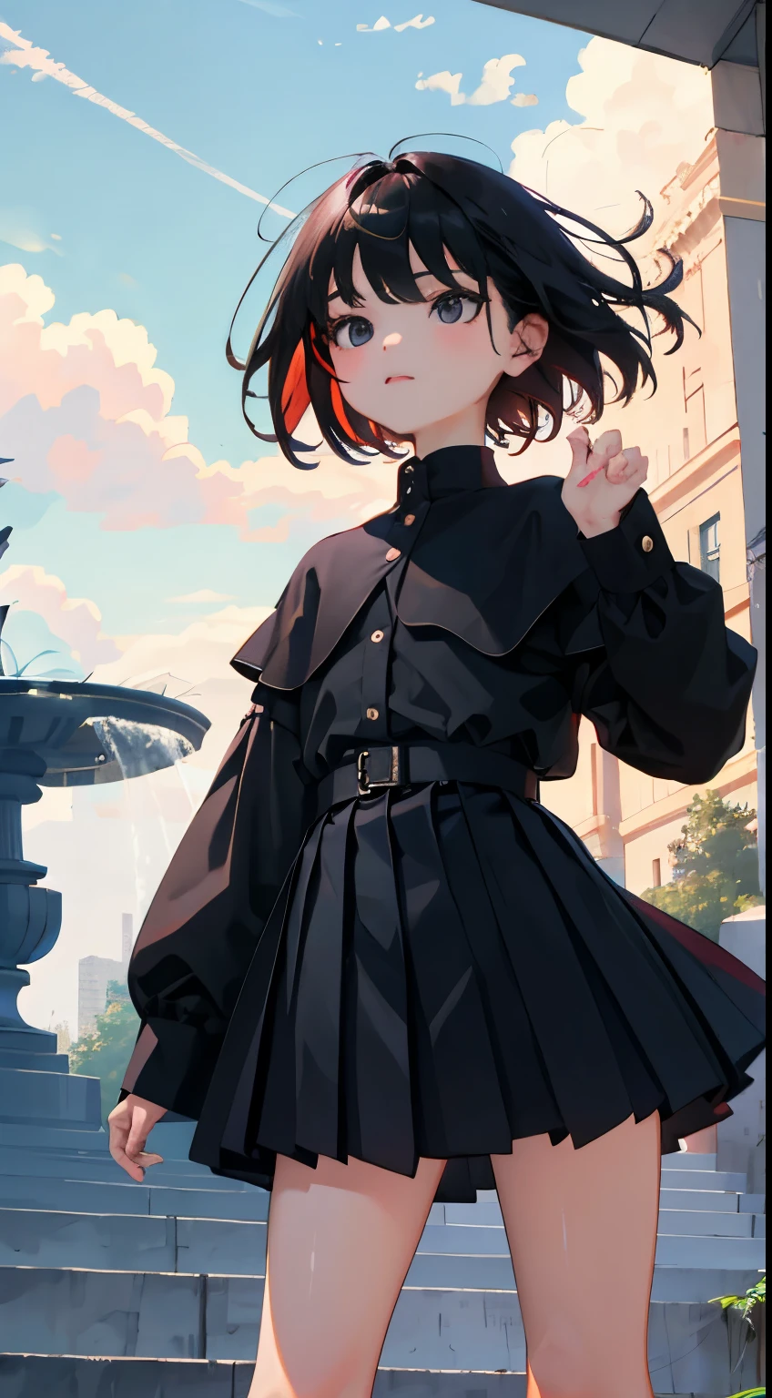 ,(),(masterpiece,Highest Quality),black pleated miniskirt,A dark-haired,The wind is blowing,The fountain