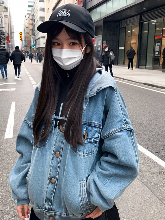 A realistic drawing of a young Asian girl in baggy jeans, an oversized gray hoodie and a large black jacket. Her face is covered with a black cap and she is standing on a street.