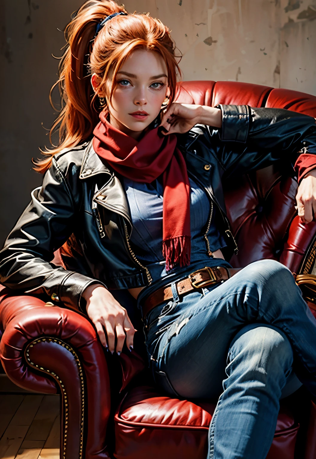 Beautiful redhead with blue eyes, ponytail, wearing a red scarf, sitting in an armchair, plaid background, wearing a red leather jacket, black blouse, jeans, black gloves