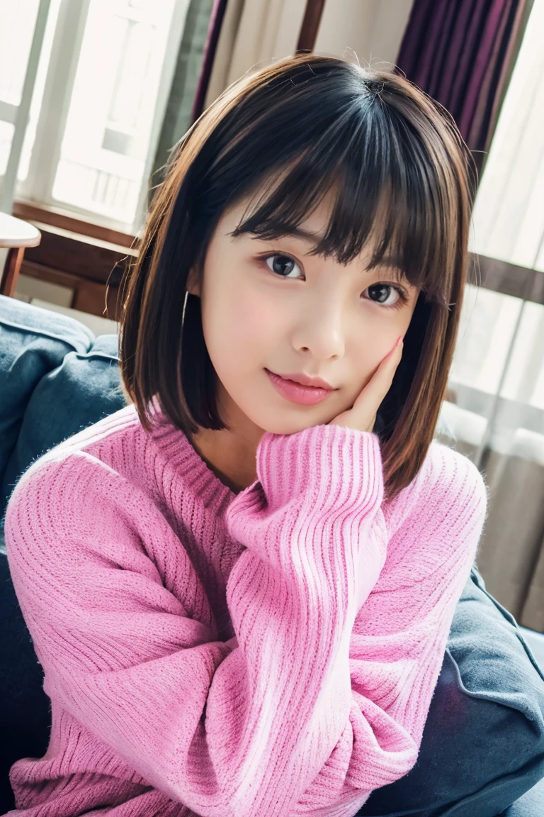 A beautiful girl wearing a two-color pile sweater、With bangs、Short Bob、14years、inside in room、sofas、Spinning