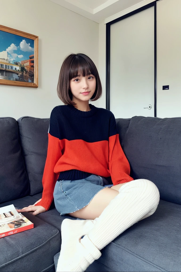 The eyes of a beautiful young Japanese woman wearing a navy blue sweater and white shorts, lying on a blue sofa, looking at me and smiling childishly. Focal length 100mmf/2.8, spring day, sunny, living room on the upper floor of a high-rise apartment, ideal light source, well-shaped face, toned body, close-up of expression, sense of presence, 8K image quality, highest quality.