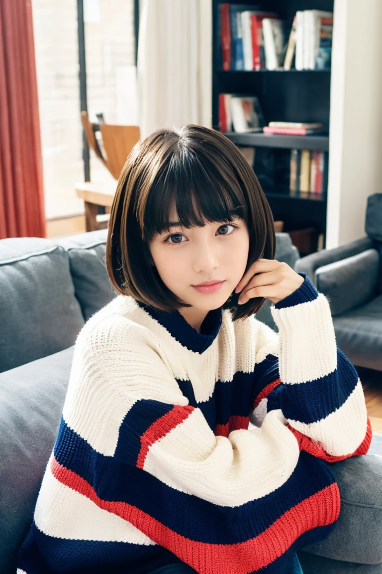 A beautiful girl wearing a two-color pile sweater、With bangs、Short Bob、ars、inside in room、sofas、Spinning