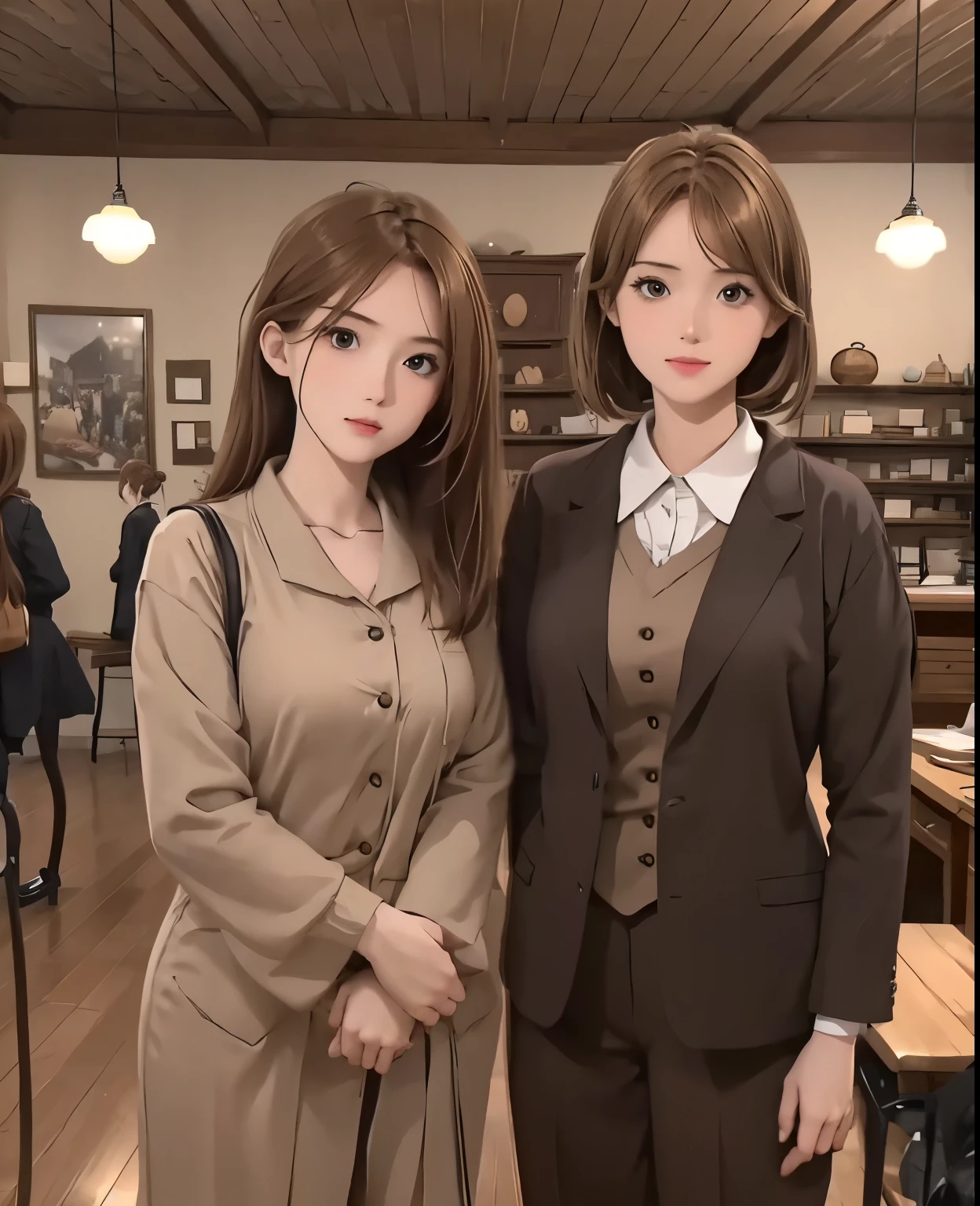 hightquality、masuter piece、8K、Photorealistic anime drawings、Interior of antique shop interior shop、(Lots of desks、Lots of chairs)、(1girl in、23years old、Brown-haired shorthair、pant suit)