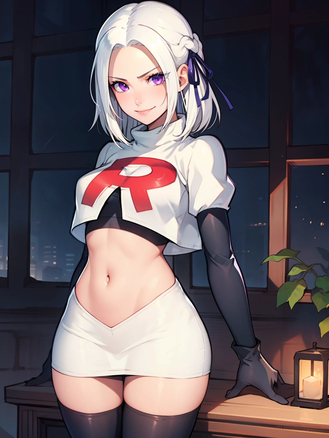 edelgard_academy, hair ribbon, short hair, white hair, purple eyes, glossy lips ,team rocket uniform, red letter R, white skirt,white crop top,black thigh-high boots, black elbow gloves, evil smile, looking at viewer, cowboy shot