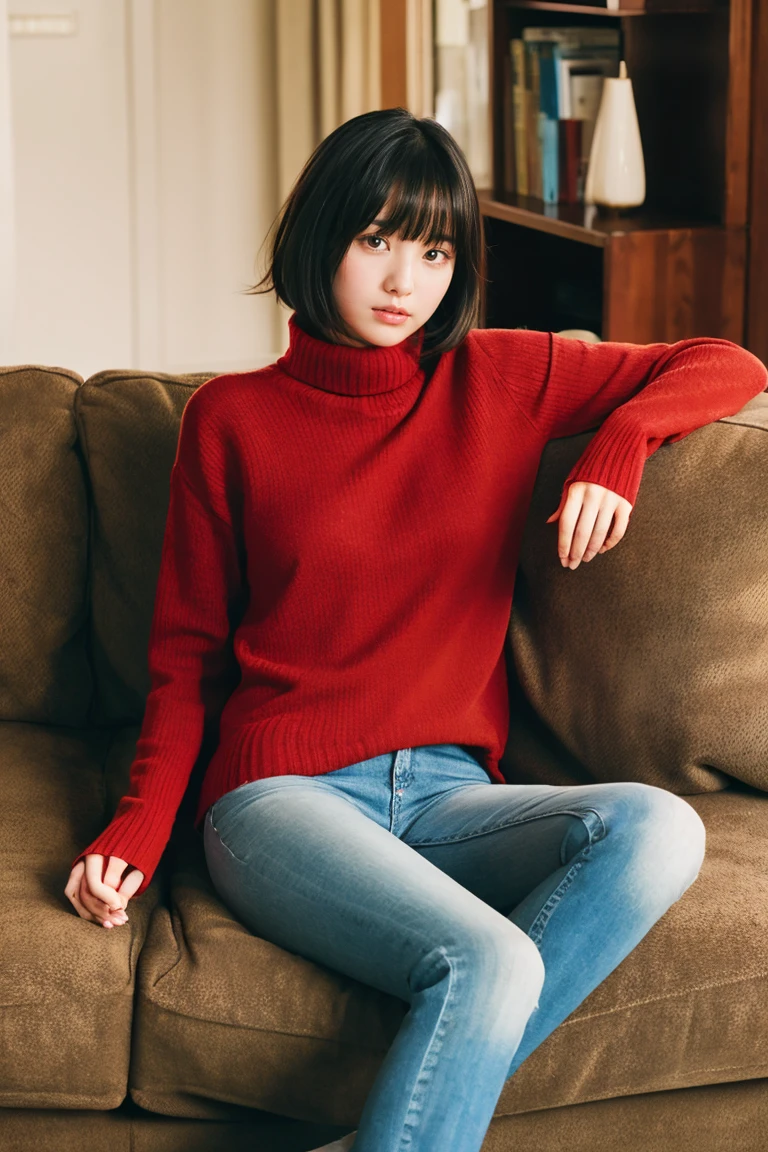 Beautiful girl wearing a red turtleneck sweater、With bangs、Black hair short bob、Bruises、14years、inside in room、sofas、Spinning、