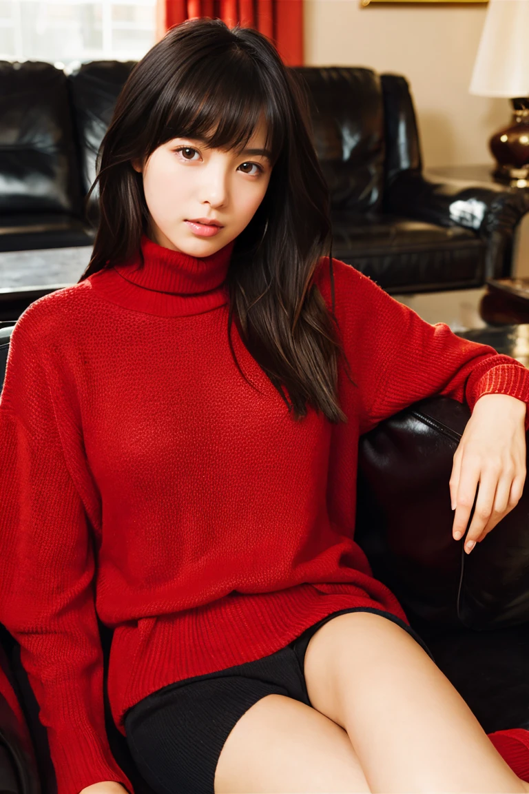 Beautiful girl wearing a red turtleneck sweater、With bangs、Black hair short bob、Bruises、14years、inside in room、sofas、Spinning、