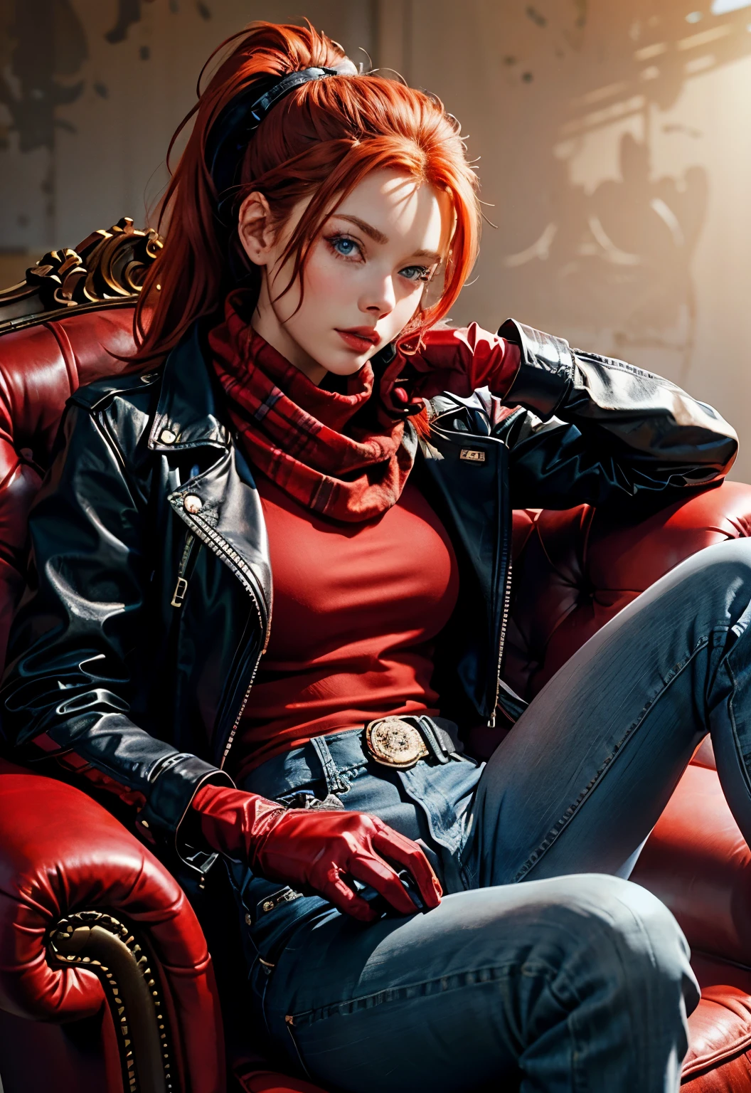 Beautiful redhead with blue eyes, ponytail, wearing a red scarf, sitting in an armchair, plaid background, wearing a red leather jacket, black blouse, jeans, black gloves