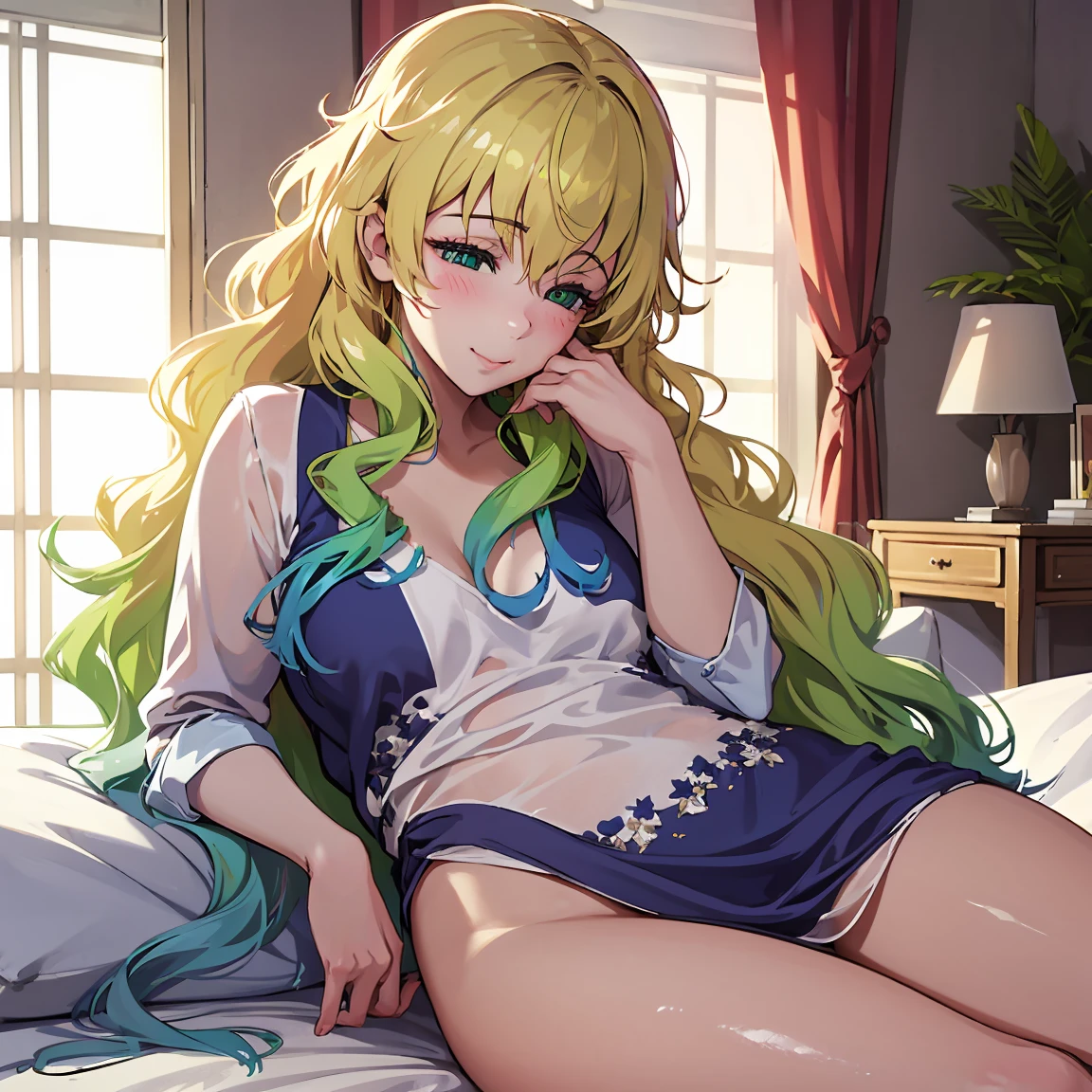 (best quality,4k,8k,highres,masterpiece:1.2),ultra-detailed,(realistic,photorealistic,photo-realistic:1.37),beautiful detailed eyes,beautiful detailed lips,extremely detailed eyes and face,longeyelashes,1girl,wavy hair,dreamy expression,sexy morning,bedroom with soft sunlight,soft sheets,luxurious satin robe,golden morning light,candles flickering,gentle breeze,beautifully messy hair,eyes still drowsy,subtle blush on cheeks,sensual atmosphere,surrounded by floral scent,serene and peaceful,romantic,waist-length hair tousled on pillows,sun-kissed skin,twinkling morning light,dainty morning rituals,gentle caress on the cheek,soft morning glow on the face,a hint of a smile,lace curtains gently swaying,soft touch of sunlight filtering through the window,peaceful awakening,dreamy ambiance,serene beauty,morning serenade of chirping birds,quiet and calming,relaxing and rejuvenating,starting the day with grace and elegance,indulging in the tranquility of the morning.