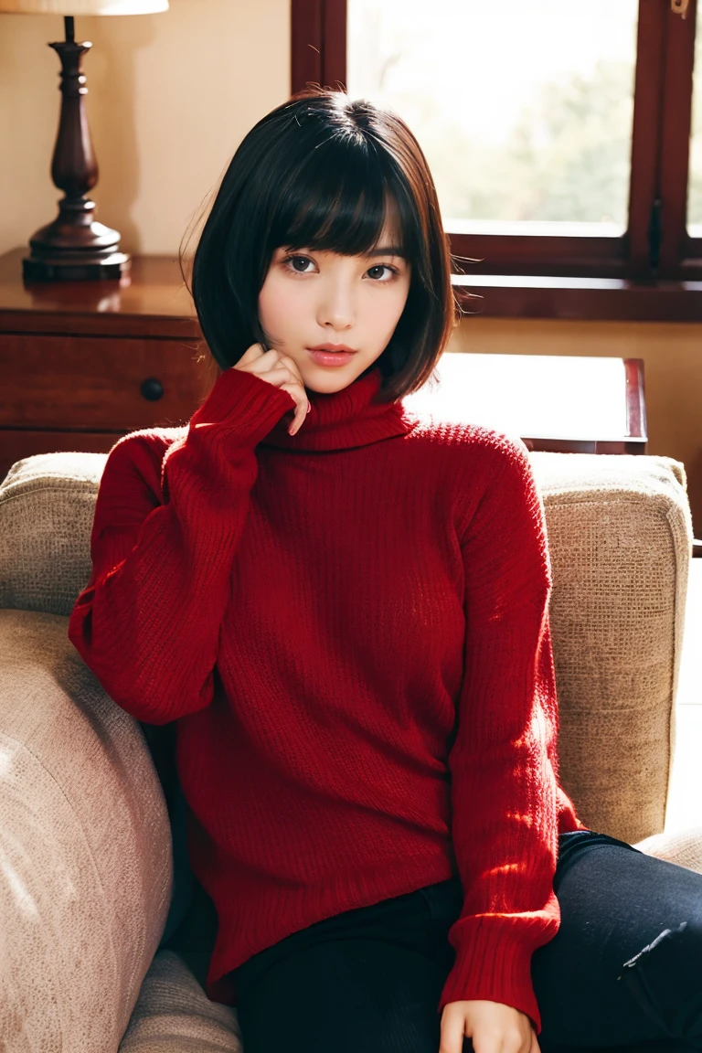 Beautiful girl wearing a red turtleneck sweater、With bangs、Black hair short bob、Bruises、ars、inside in room、sofas、Spinning、