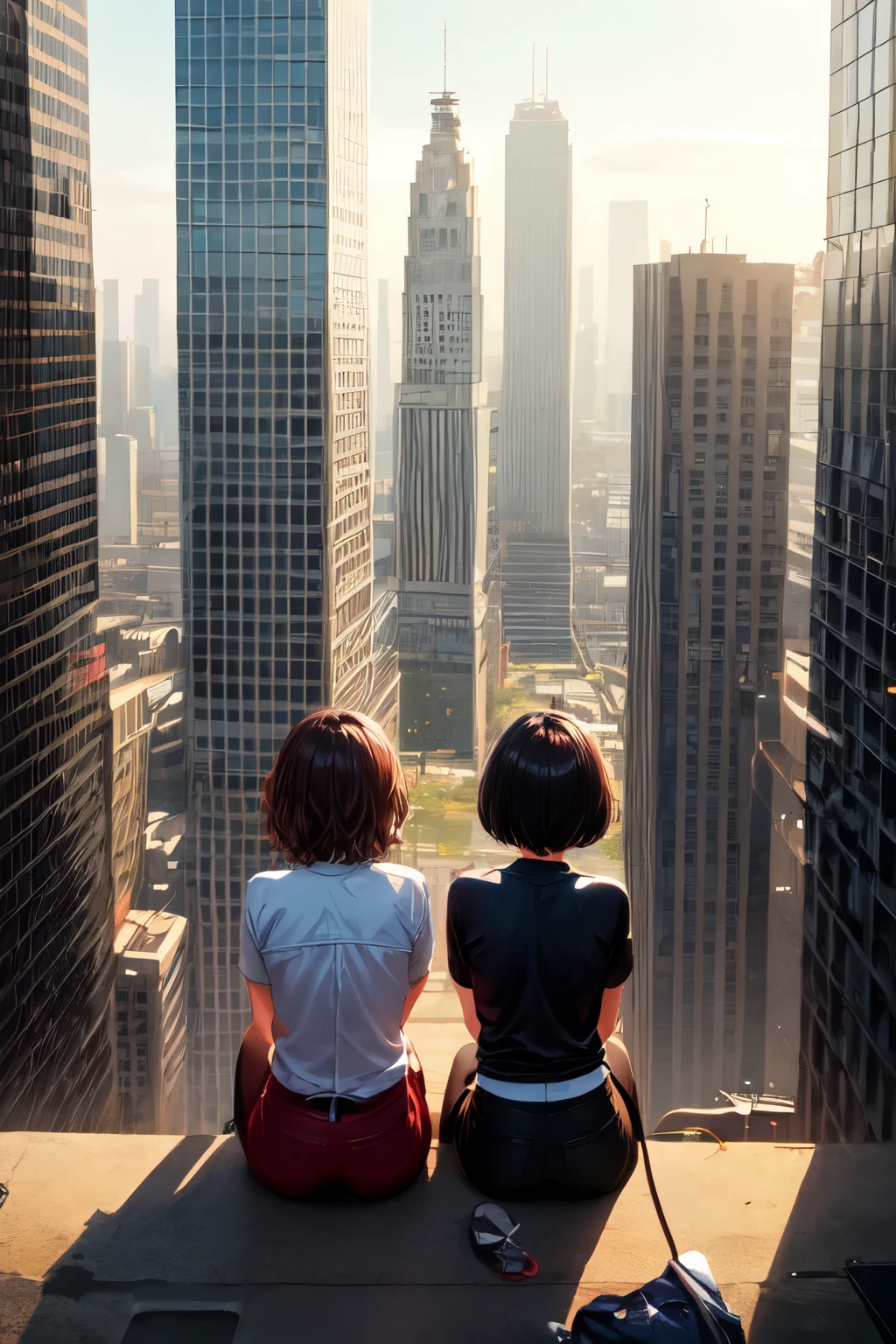 tow sisters with dark wavy short hair from behind, they are sitting on a old skyscraper over a apocalyptic city and sharing a joint between them