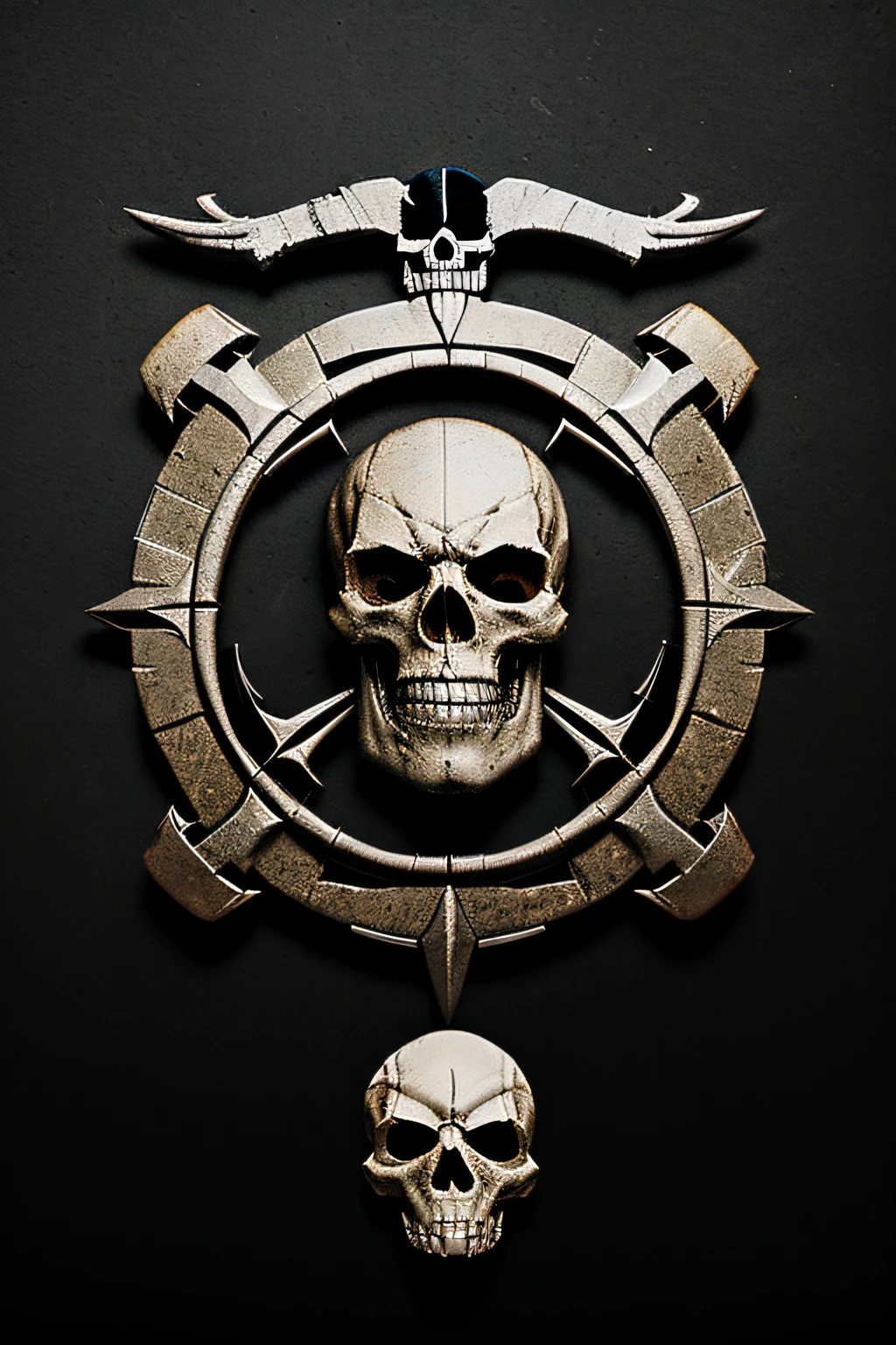 (Assassin pirate skull medallion design )de (Destruction and Conquest and Death,desordem,terror ,agonia），（In the middle of the medallion is the forging table icon），（The Composition theme icon),prata，Efeito 2D plano,em altissimo relevo