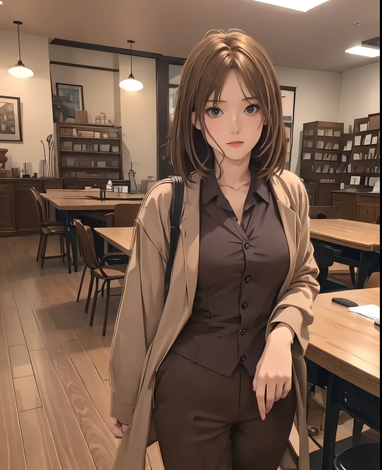 hightquality、masuter piece、8K、Photorealistic anime drawings、Interior of antique shop interior shop、(Lots of desks、Lots of chairs)、(1girl in、23years old、Brown-haired shorthair、pant suit)