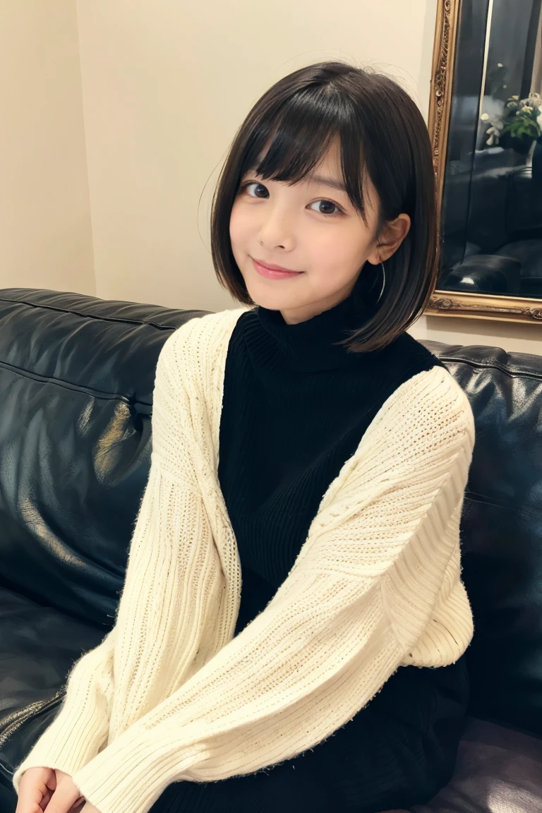 Beautiful girl wearing a black turtleneck sweater、With bangs、Short Bob、14years、inside in room、sofas、Spinning