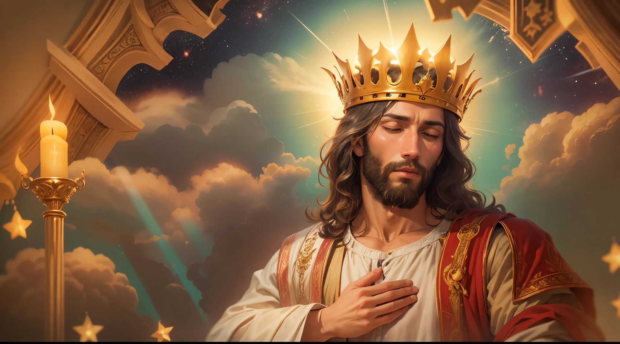 Close up of an image of a man Jesus with a golden crown on his head praying and blessing, Jesus homem, o da fortuna, perfeito, Reslistic, Biblical setting, celestial scenery, sol e nuvens ultras realistas, flores e velas, Jesus illuminated from heaven, Passes em segundo plano, flores coloridas, velas acesas, roupas brancas e vermelhas.