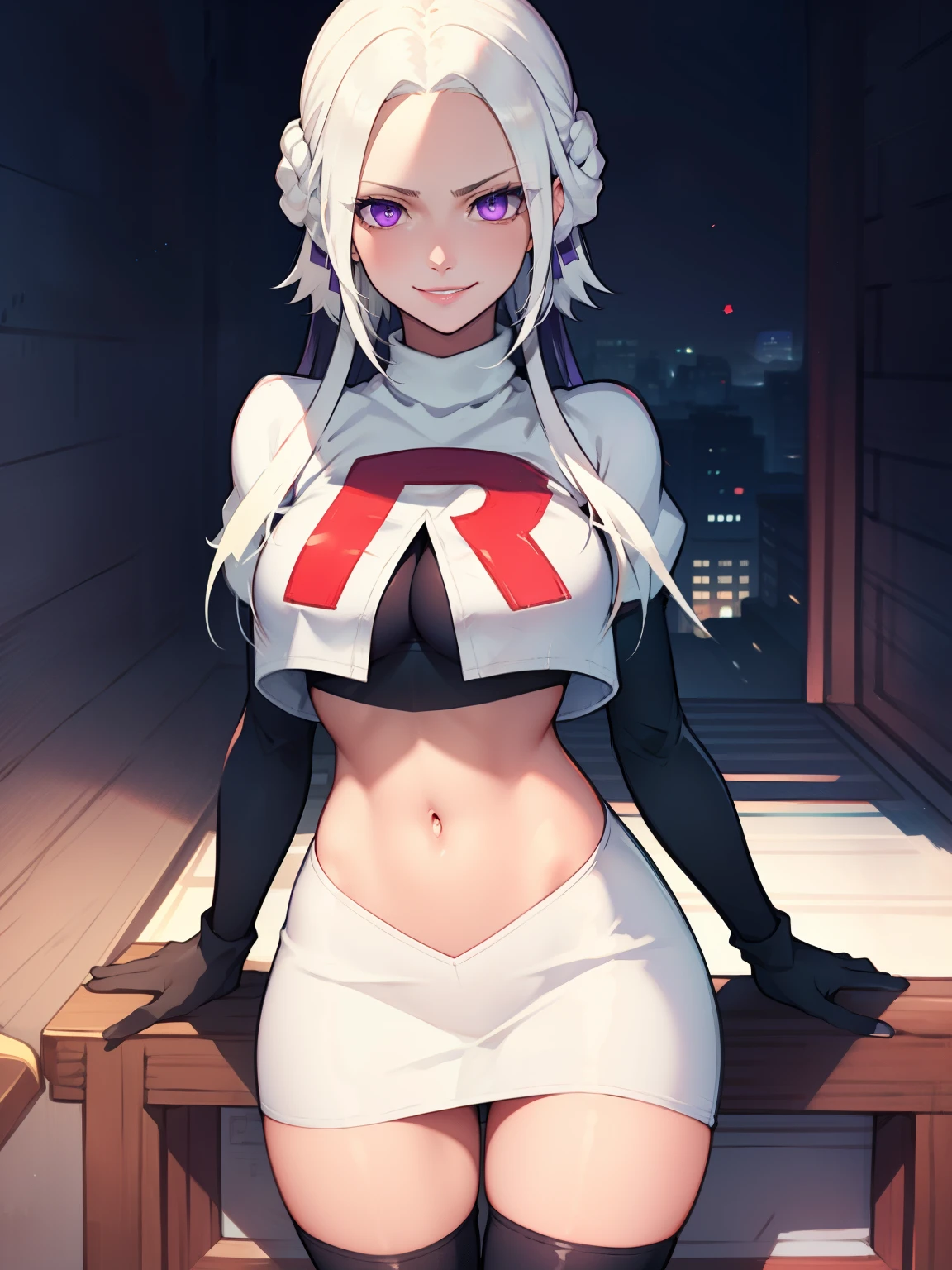 edelgard_academy, hair ribbon, very short hair, white hair, purple eyes, glossy lips ,team rocket uniform, red letter R, white skirt,white crop top,black thigh-high boots, black elbow gloves, evil smile, looking at viewer, cowboy shot