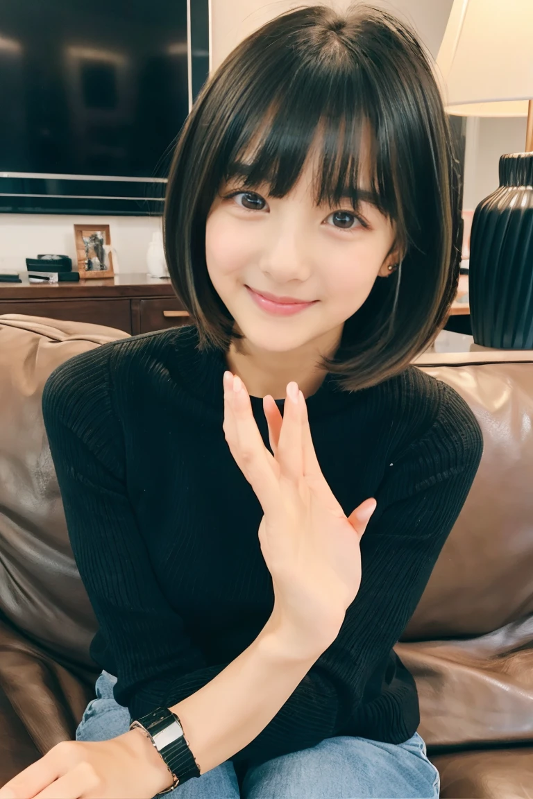 Beautiful girl wearing a black turtleneck sweater、With bangs、Short Bob、14years、inside in room、sofas、Spinning、Happy days、