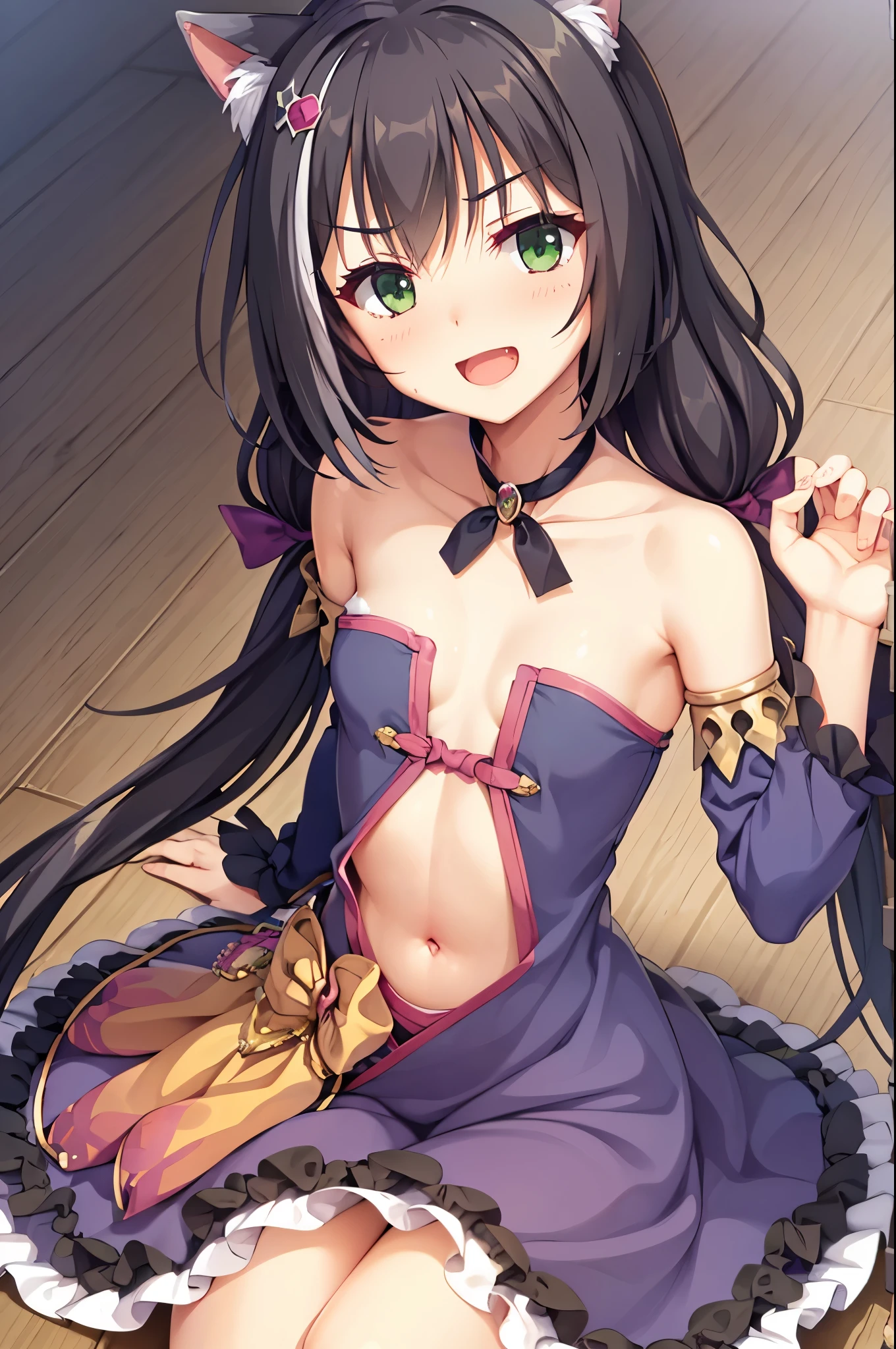 Khalil, Khalil, animal ear fluff, Animal ears, Black hair, black bow ribbon, Cat ears, Cat Girl, cat tail, tusk, (Green eyes:1.5), hair Bow, Long hair, low twintails, multicolored hair, purple Bow, bow ribbon, skin tusk, striated hair, tail, twintails, vertical stripes, White hair, (flat chest:1.2), BREAK is arm support, Bare shoulders, Blue Sleeve, Bow, brooches, Detached sleeves, Dress, frilldスリーブ, frilld, multicolored clothes, multicolored Dress, neck bow ribbon, Sleeveless, Sleeveless Dress, Striped,BREAK (masutepiece:1.2), Best Quality, High resolution, Unity 8k壁纸, (Illustration:0.8), (beautiful detailed eyes:1.6), extremely detailed face, Perfect Lighting, extremely detailed CG, (Perfect hands, Perfect Anatomy),Smile with open mouth,simple background