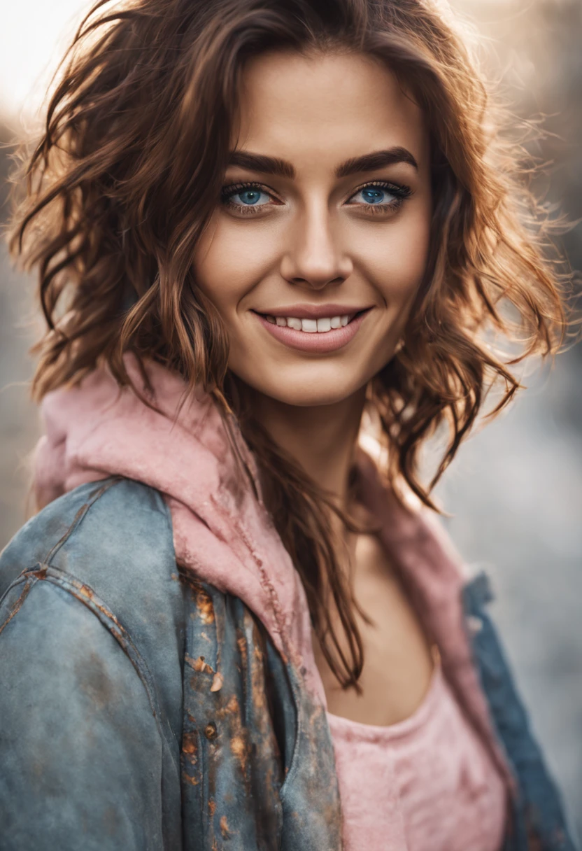 ultrarealistic high quality photo of a beautiful young busty european woman with cute face and brunette with dyed pink-white streaks long messy bob and beautiful smile, round steel-blue eyes, quartermile race starter girl, full body outdoor photography