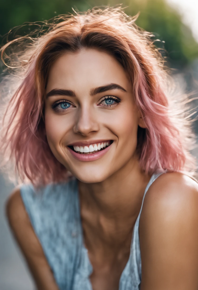 ultrarealistic high quality photo of a beautiful young busty european woman with cute face and brunette with dyed pink-white streaks long messy bob and beautiful smile, round steel-blue eyes, quartermile race starter girl, full body outdoor photography
