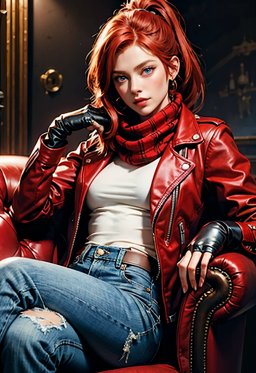 Beautiful redhead with blue eyes, ponytail, wearing a red scarf, sitting in an armchair, plaid background, wearing a red leather jacket, black blouse, jeans, black gloves