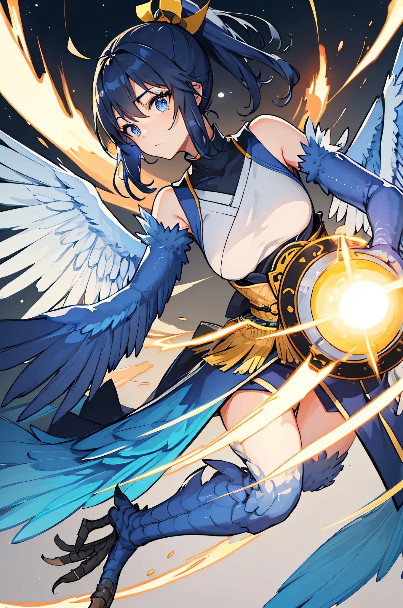 4K,hight resolution,One Woman,Harpy,Dark blue hair,Short ponytail,Bright blue eyes,one white winged,golden toenails,samurais,暗い青色のsamuraisの鎧,Navel Ejection,Japan castle tower