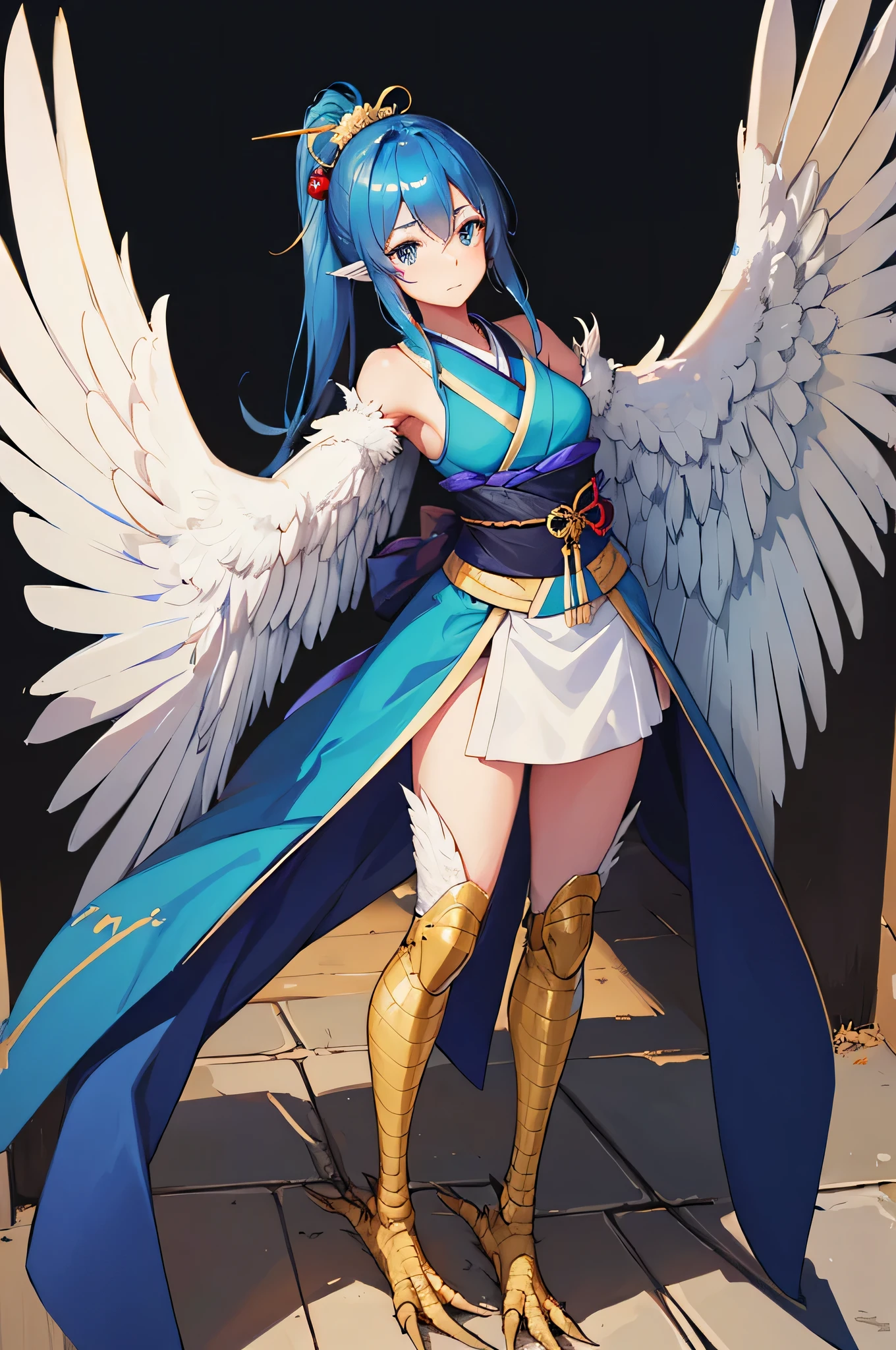 4K,hight resolution,One Woman,Harpy,Dark blue hair,Short ponytail,Bright blue eyes,one white winged,golden toenails,samurais,暗い青色のsamuraisの鎧