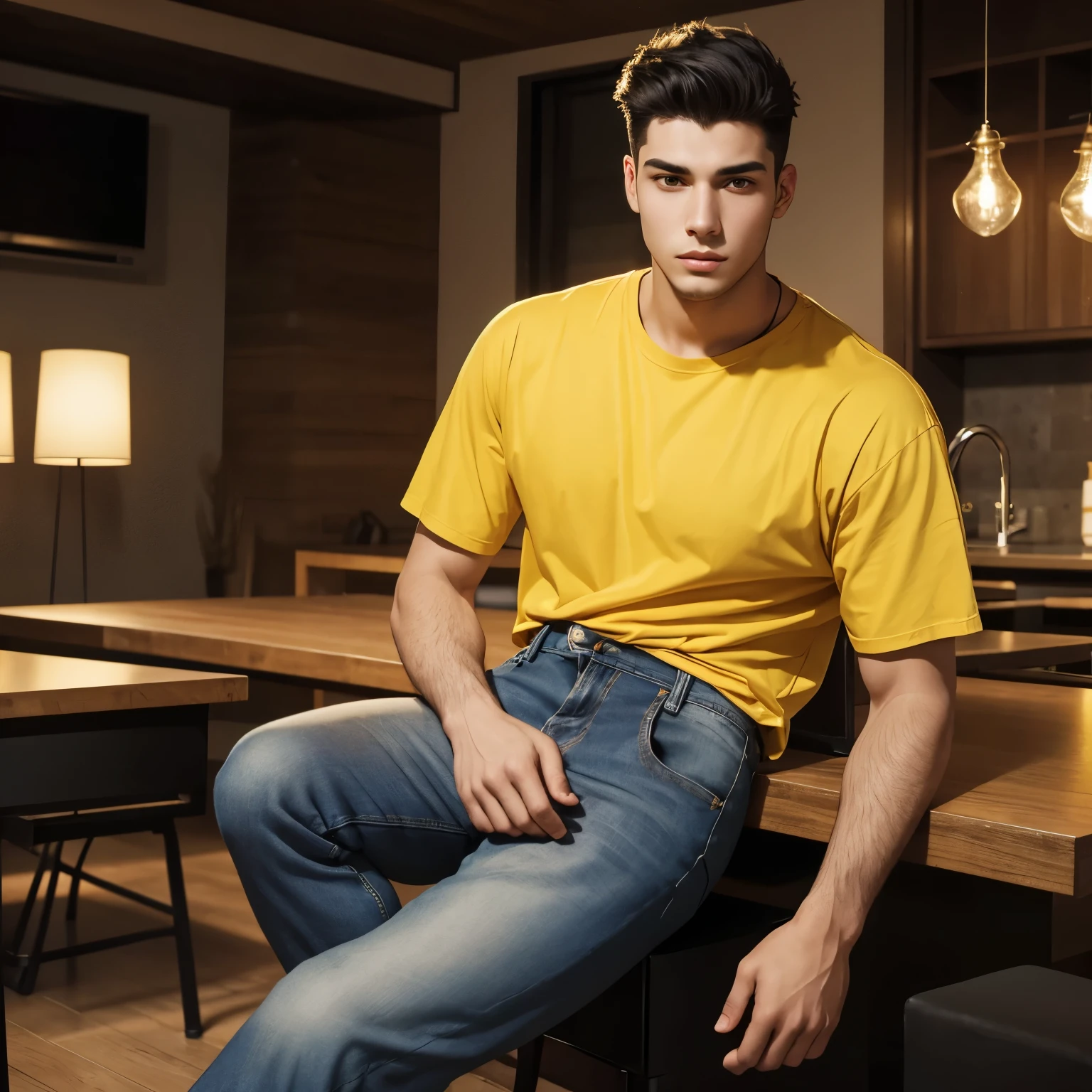 A young man 25 years old, He was a mature young man, tall and robust, with black eyes and broken hair, dressed in jeans and a yellow t-shirt,