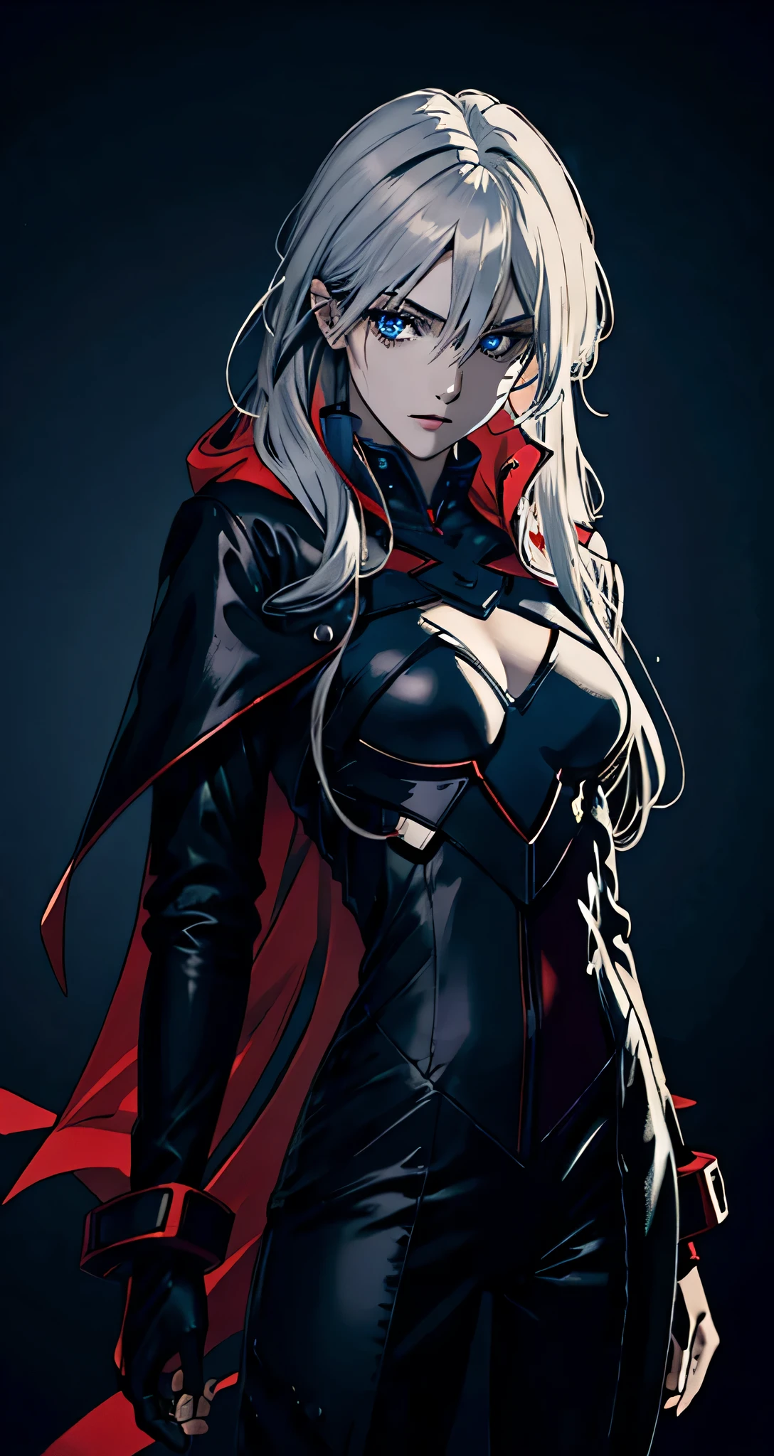 Generate an image of Raven Nightshade, a captivating character with striking blue eyes and tousled blond hair. Emphasize the mysterious and slightly eerie aura surrounding him, balancing the fine line between fear and fascination. Capture the essence of his allure, making sure his presence leaves a lingering impression. Mysterious, wallpaper art, highly detailed comic dark mature, blurry, red shadows, night, black backround