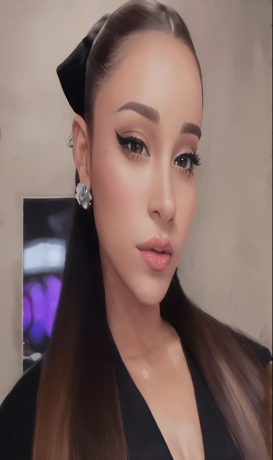 There's a woman with a bow on her head posing for a picture, portrait of Ariana Grande, Ariana Grande, Poarch bonito, Ariana Grande photography, inspired by Gina Pellón, painting of Ariana Grande, Ariana Grande as a sith, cabelo em rabo de cavalo baixo liso, Ariana Grande in star wars, Cl, Ariana Grande portrait painting, suave em _ O pano de fundo