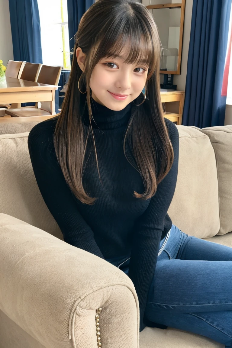 Beautiful girl wearing a black turtleneck sweater、With bangs、poneyTail、14years、inside in room、sofas、Spinning、Happy days、