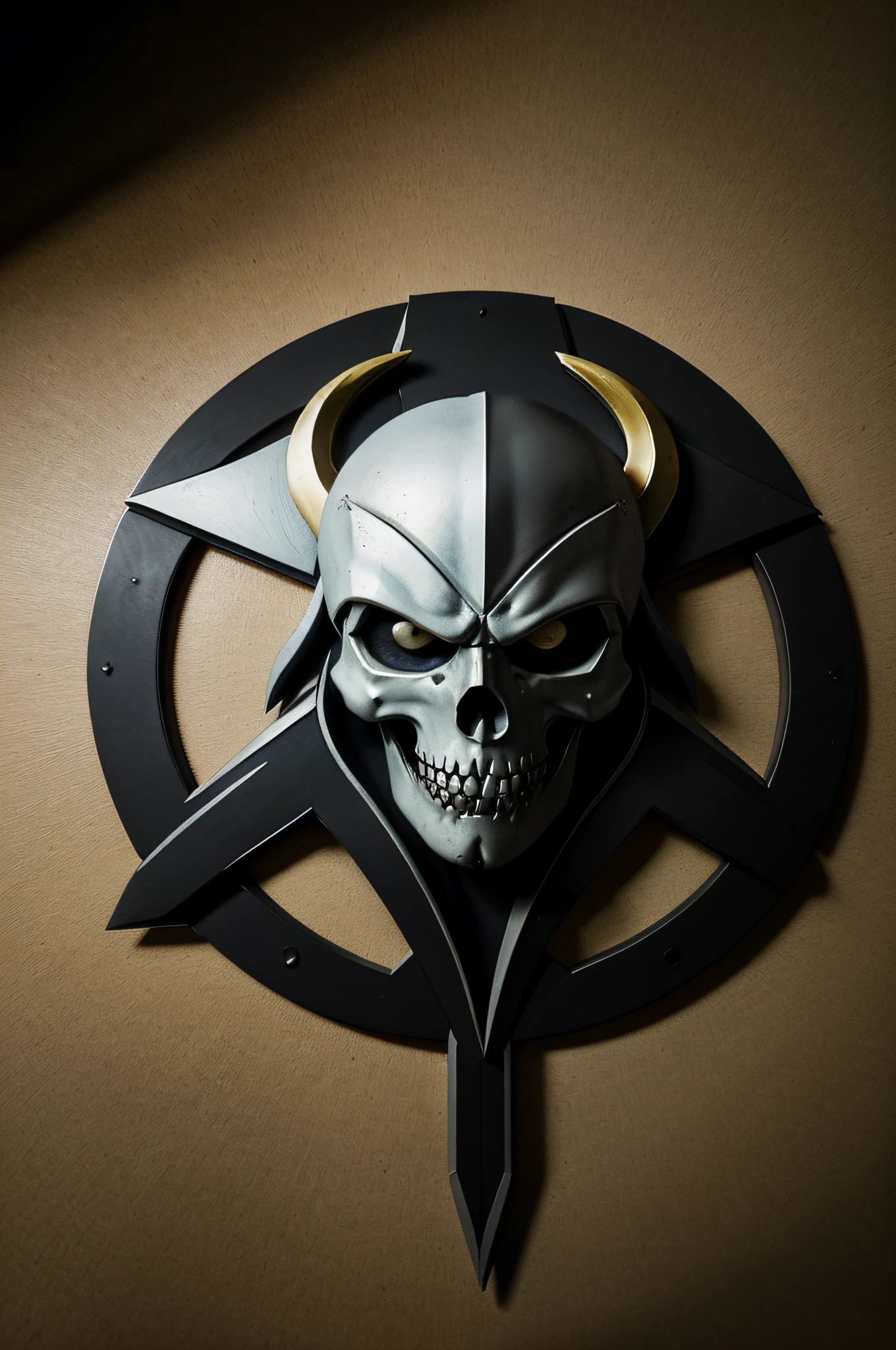 （Destruction and death conquest pirate crest design,desordem,terror ,agonia），（In the middle of the medallion is the forging table icon），（The Composition theme icon),prata，Efeito 2D plano