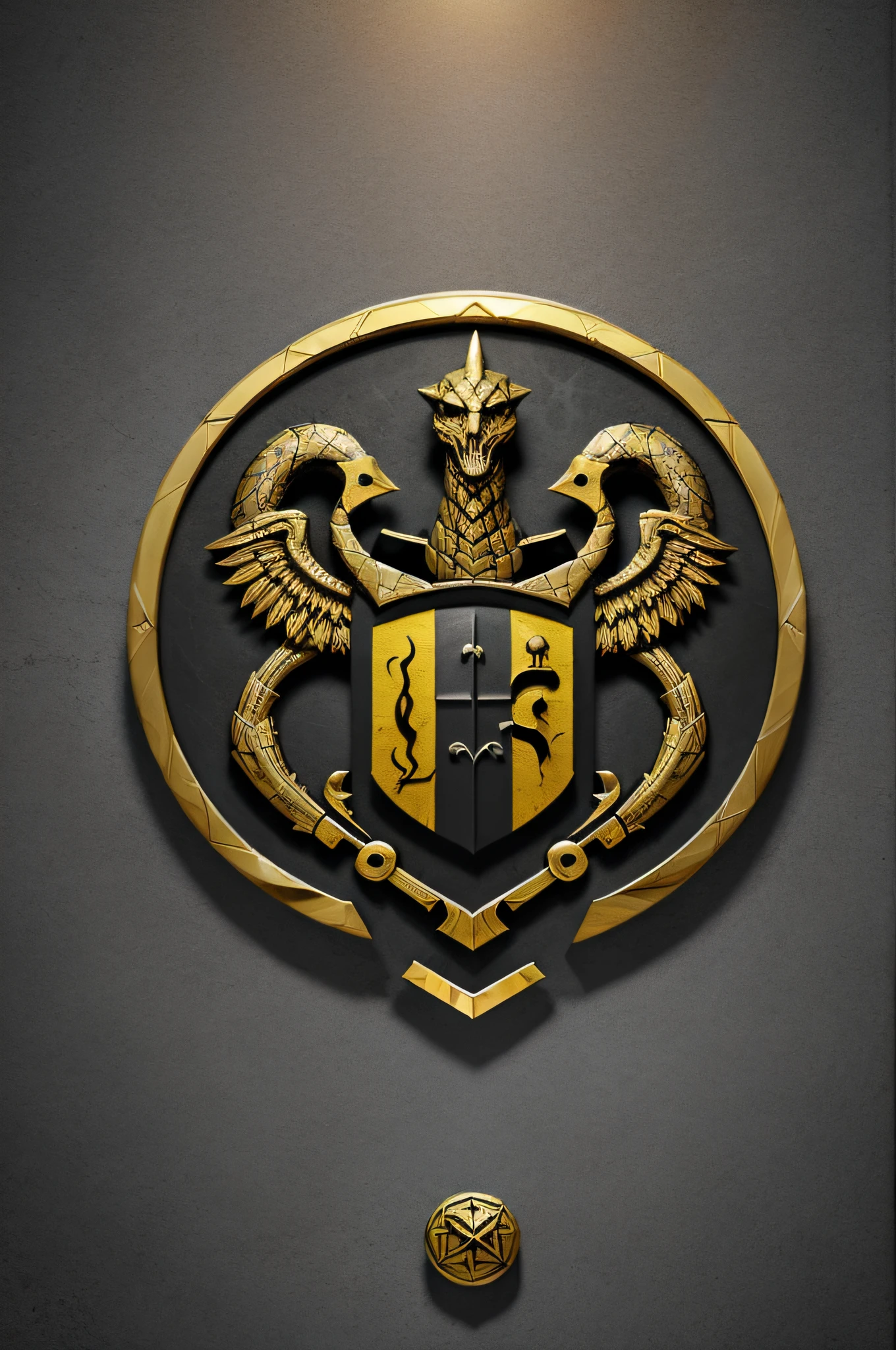 (Gengiskan coat of arms design of destruction and conquest of death,desordem,terror ,agonia),(In the middle of the medallion is the forging table icon),(The Composition theme icon),prata,Efeito 2D plano