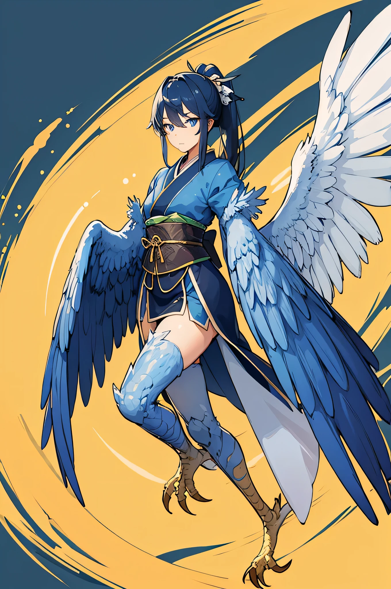 4K,hight resolution,One Woman,Harpy,Dark blue hair,Short ponytail,Bright blue eyes,one white winged,golden toenails,samurais,暗い青色のsamuraisの鎧