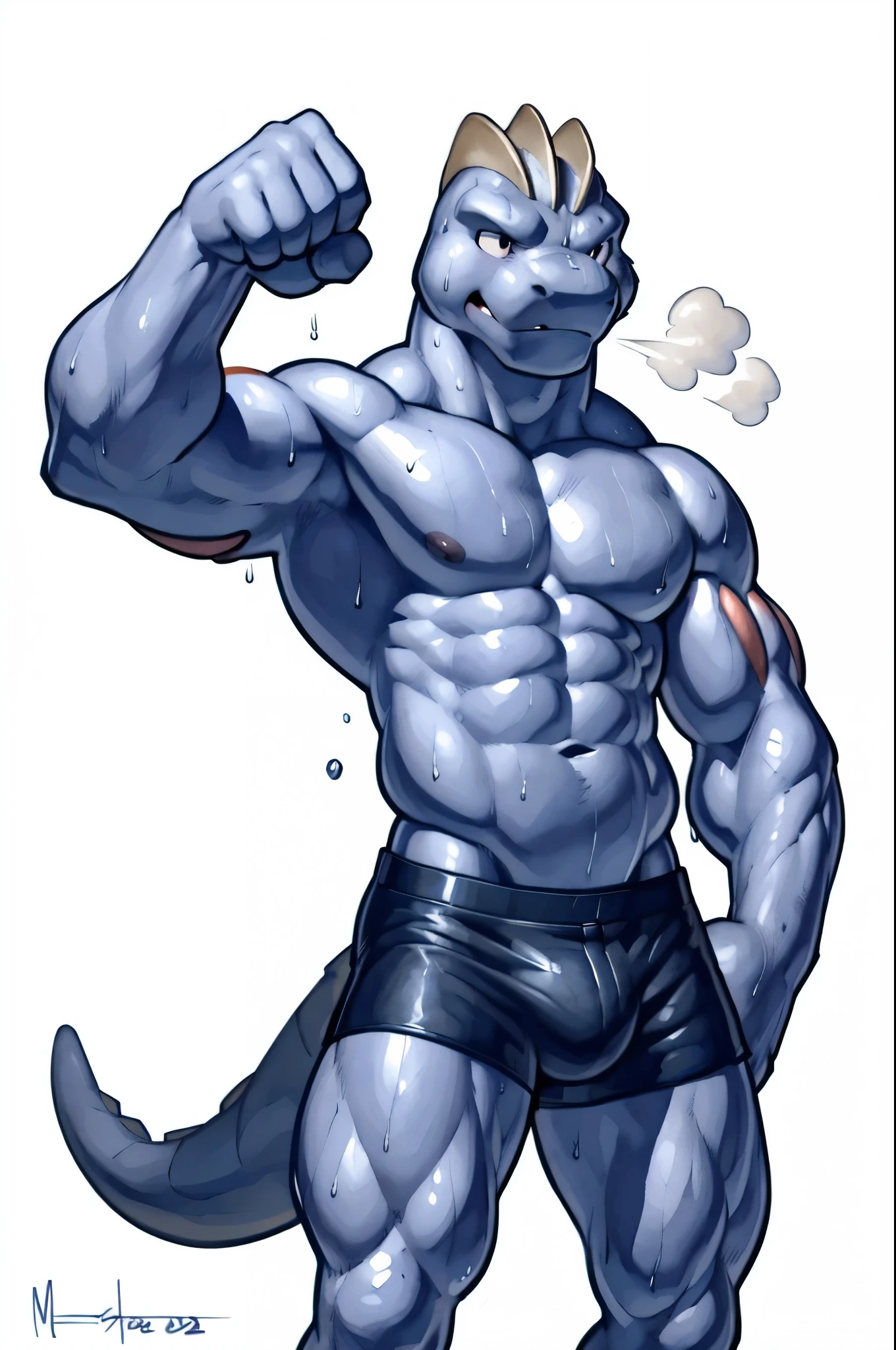machoke. 4k, high resolution, best quality, posted on e621, solo, anthro body, older male, masculine:1, male, very masculine:1, slim (tough build):1.5, dense muscles, (correct anatomy):1, (white background, no background:1.2), (bare torso:1.1), scales, (wearing boxers, genital_outline), (blue boxing gloves, correct anatomy, human feet, (detailed eyes:1.2), sexy, (cel shaded:1.2), (sweat:1.5), visible breath, shiny muscles, sweat:1, cartoony shading, (watercolors:1.2), strong shadows, confident, (vascular, veins:1.1), (full body):1, (by takemoto arashi, by meesh, by Taran Fiddler)