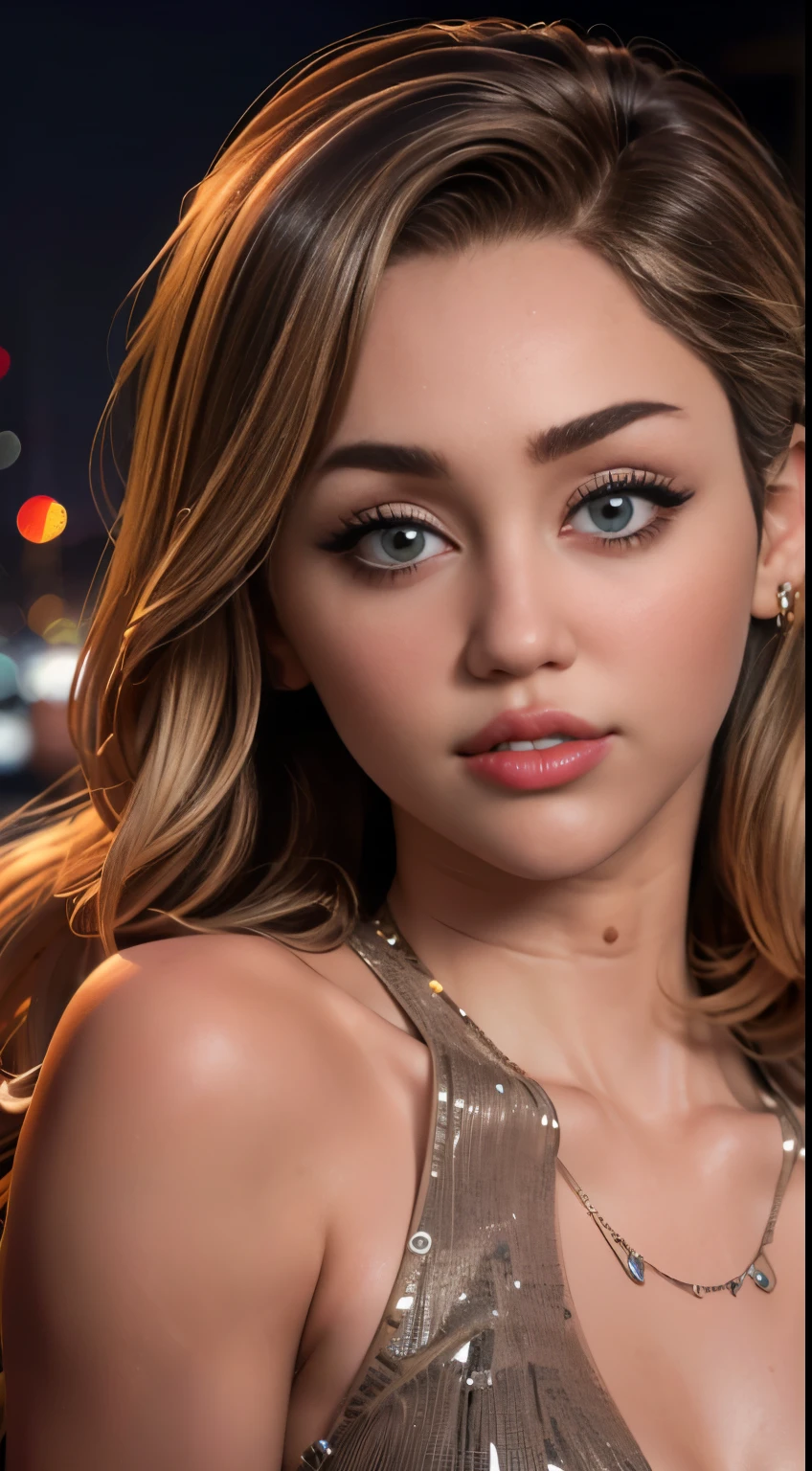 photo of Miley Cyrus, RAW, beautiful woman, ((portrait)), ((detailed face:1.2)), ((detailed facial feature, detailed skin, clear skin), (perfect proportioned body), (wearing a vintage dress, poking nipples) (high detailed city environment, apartment balcony), (realistic photo, best quality, detailed), (8k wallpaper), (cinematic lighting, dramatic lighting) (sharp focus, intricate)