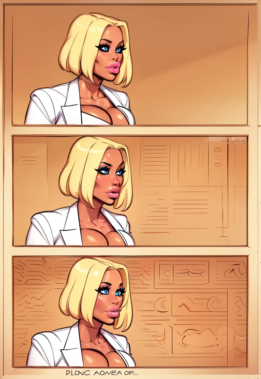 comic bimbofication process, powergirl comic getting bigger and bigger lips:1.3, tanned skin, detailed accurate perfect blue eyes, long eyelashes, yellow bright blonde hair, very tan, milf, white jacket, bedroom wall background, lineart:1.3, detailed lineart:1., comic, tanned female, photorealistic:1.3)), ((ridiculously large lips:1.3, big breasts, highly detailed face and eyes, intricate details, photorealistic, HD, high definition detailed, realistic, detailed, skin texture, hyper detailed, realistic skin texture, best quality, ultra high res, photorealistic:1.4, ((masterpiece)), ultra detailed, 8k.