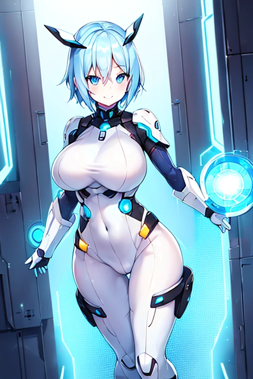 1girl, white skin, light skin, smile, light smile, blue hair, short hair, blue eyes, large breasts, breasts, wide hips, black bodysuit, bodysuit, sleeves, short sleeves, pantyhose, cute, cute face, futuristic, science-fiction, neon trim, neon, full_body, ((full body)), standing