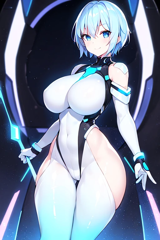 1girl, white skin, light skin, smile, light smile, blue hair, short hair, blue eyes, large , breastships, black bodysuit, bodysuit, sleeves, short sleeves, pantyhose, cutte face, futuristic, science-fiction, neon trim, neon, full_body, ((full body)), standing