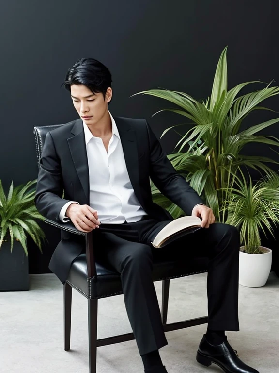 A tall asian guy who is sitting down on a black chair while readinh a book and not lookinh at the camera. He is wearing a black suit along with black leather suit, looking very elegant bc ofnit and his posture. The background is just a textures white wall along with 2-3 plants kn the background to make it look more lively