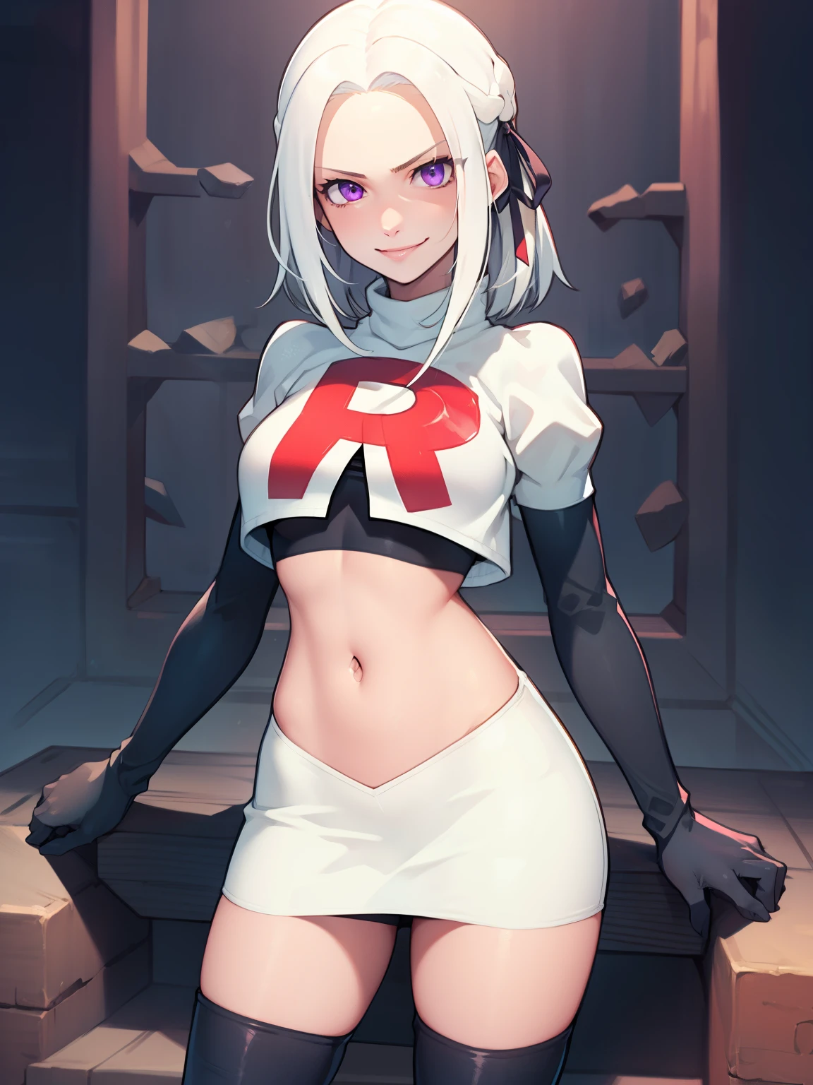 edelgard_academy, hair ribbon, very short hair, white hair, purple eyes, glossy lips ,team rocket uniform, red letter R, white skirt,white crop top,black thigh-high boots, black elbow gloves, evil smile, looking at viewer, cowboy shot, sitting down legs crossed