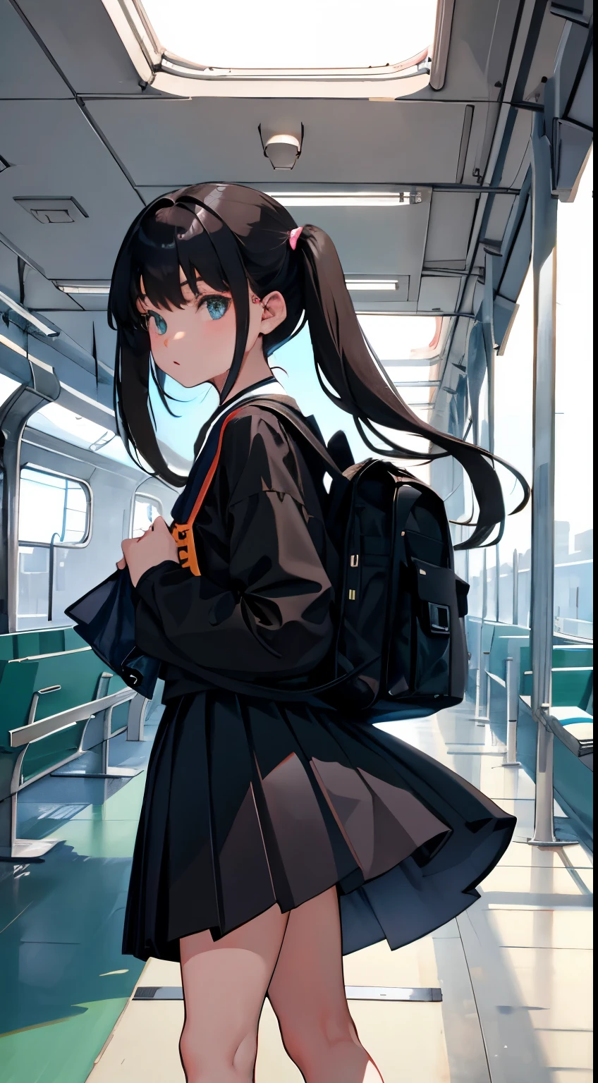 crouching down，()，（​masterpiece，Highest Quality），black rucksack，Black pleated miniskirt，shortsleeves，A dark-haired，long twintail，Summer Classroom，The wind is blowing，In the train car