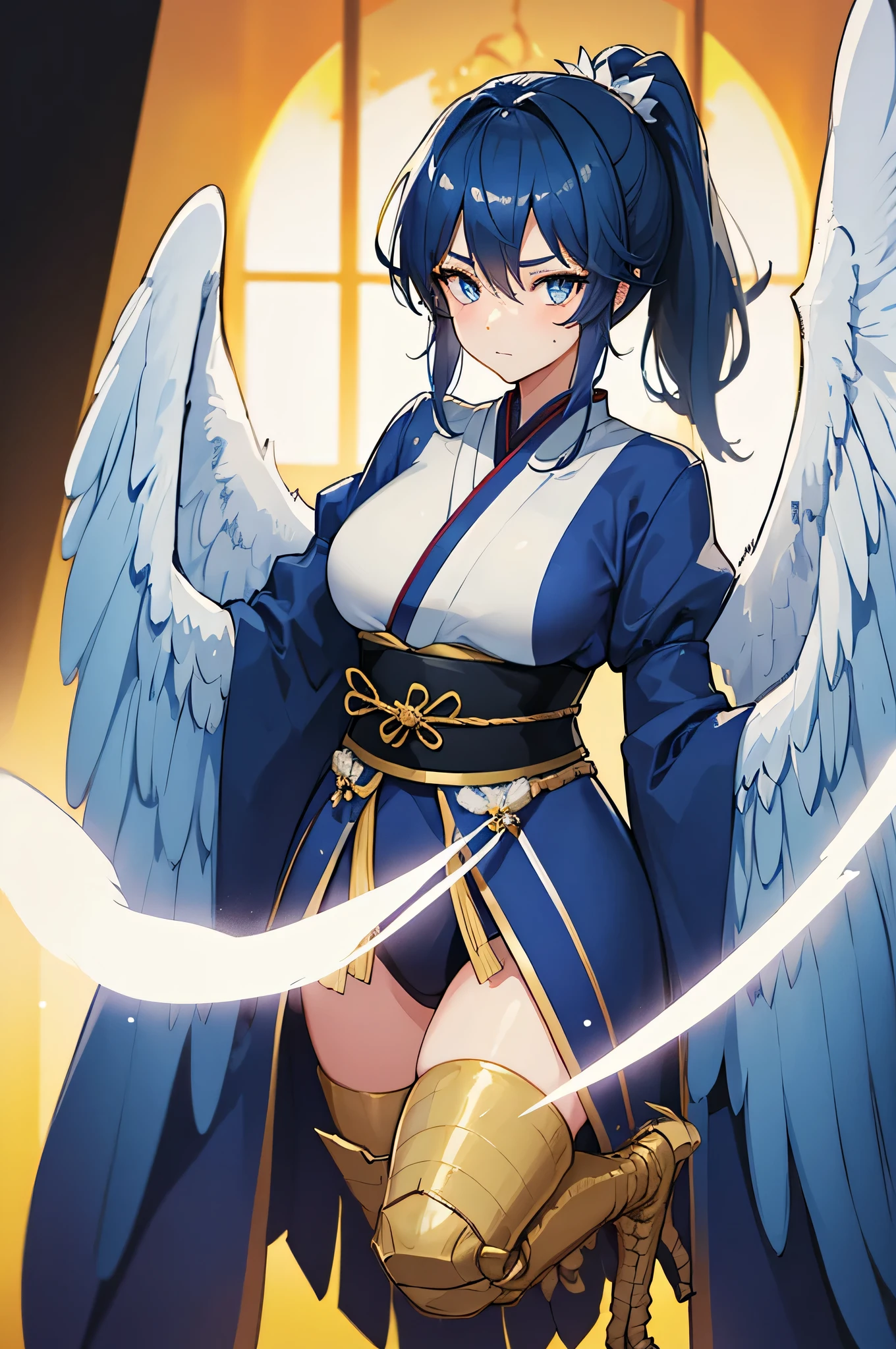 4K,hight resolution,One Woman,Harpy,Dark blue hair,Short ponytail,Bright blue eyes,one white winged,golden toenails,samurais,暗い青色のsamuraisの鎧