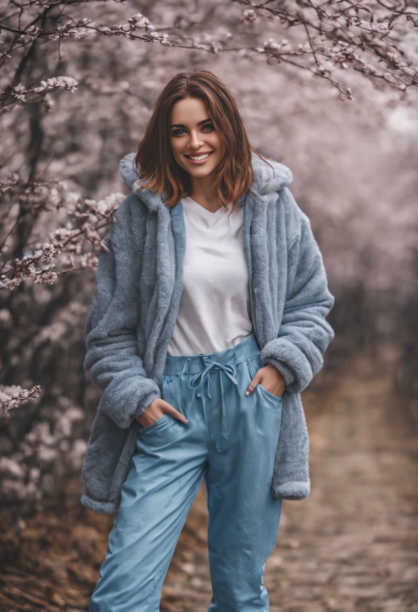 ultrarealistic high quality photo of a beautiful young busty european woman with cute face and brunette with dyed pink-white streaks long messy bob and beautiful smile, round steel-blue eyes, winterwalk in a full downsuit, full body outdoor photography