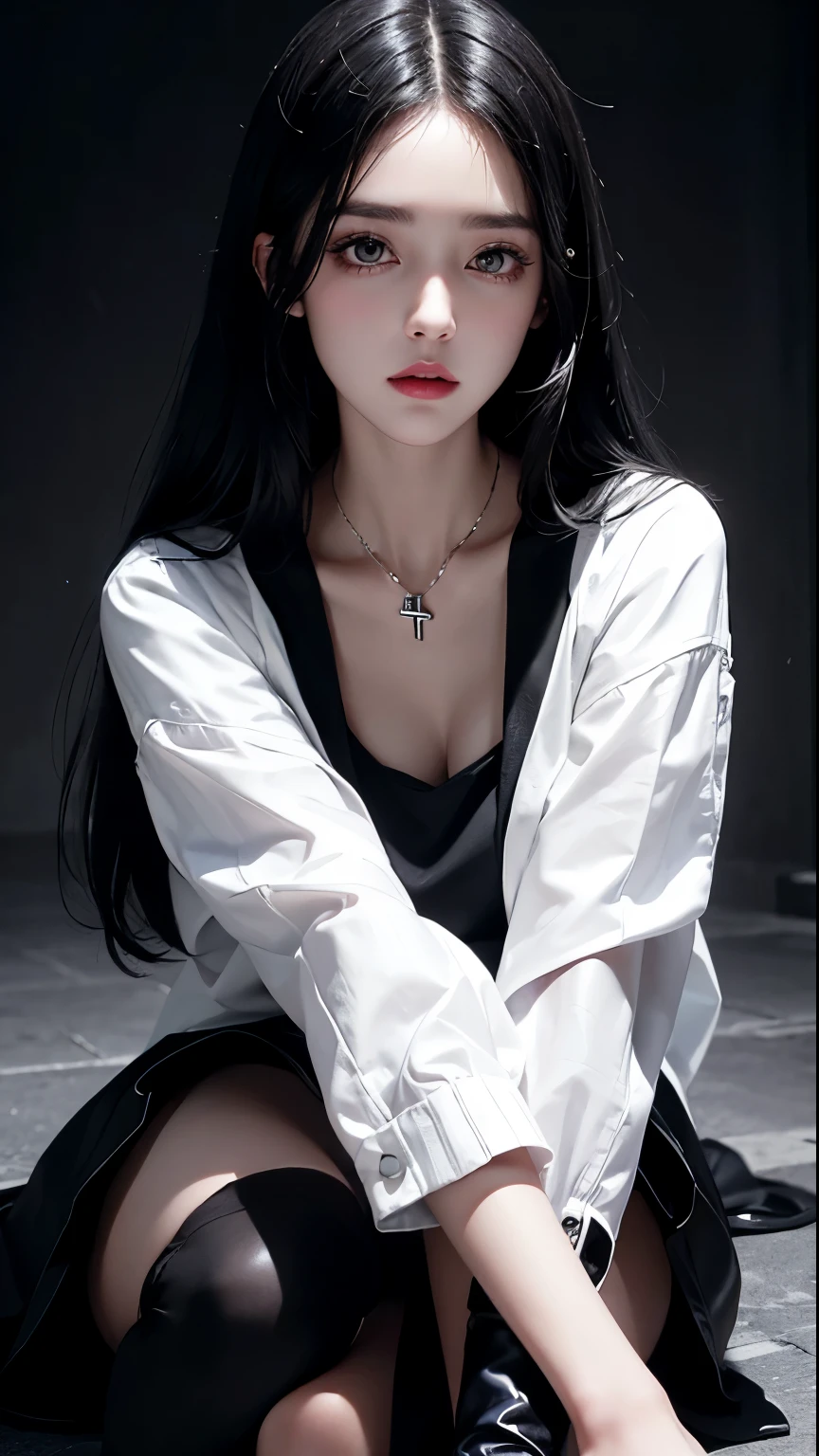 Beautiful girl, long, black hair. Big black eyes, wide eyelashes, beautiful pale lips, lip gloss, wearing a shirt with a pentagram, a short white jacket, a tight and short skirt, with leather boots up to the knee, she is extremely beautiful, masterpiece, perfect face, beautiful eyes, detailed, focus on her face and her eyes.