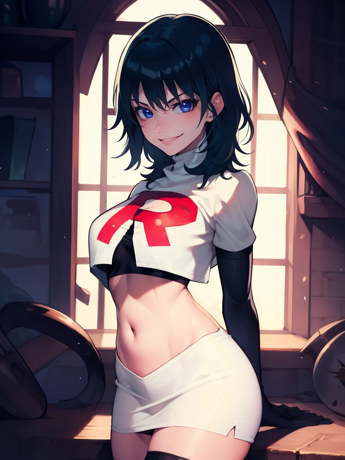 fembyleth, very short hair ,glossy lips ,team rocket uniform, red letter R, white skirt,white crop top,black thigh-high boots, black elbow gloves, evil smile, looking at viewer, cowboy shot