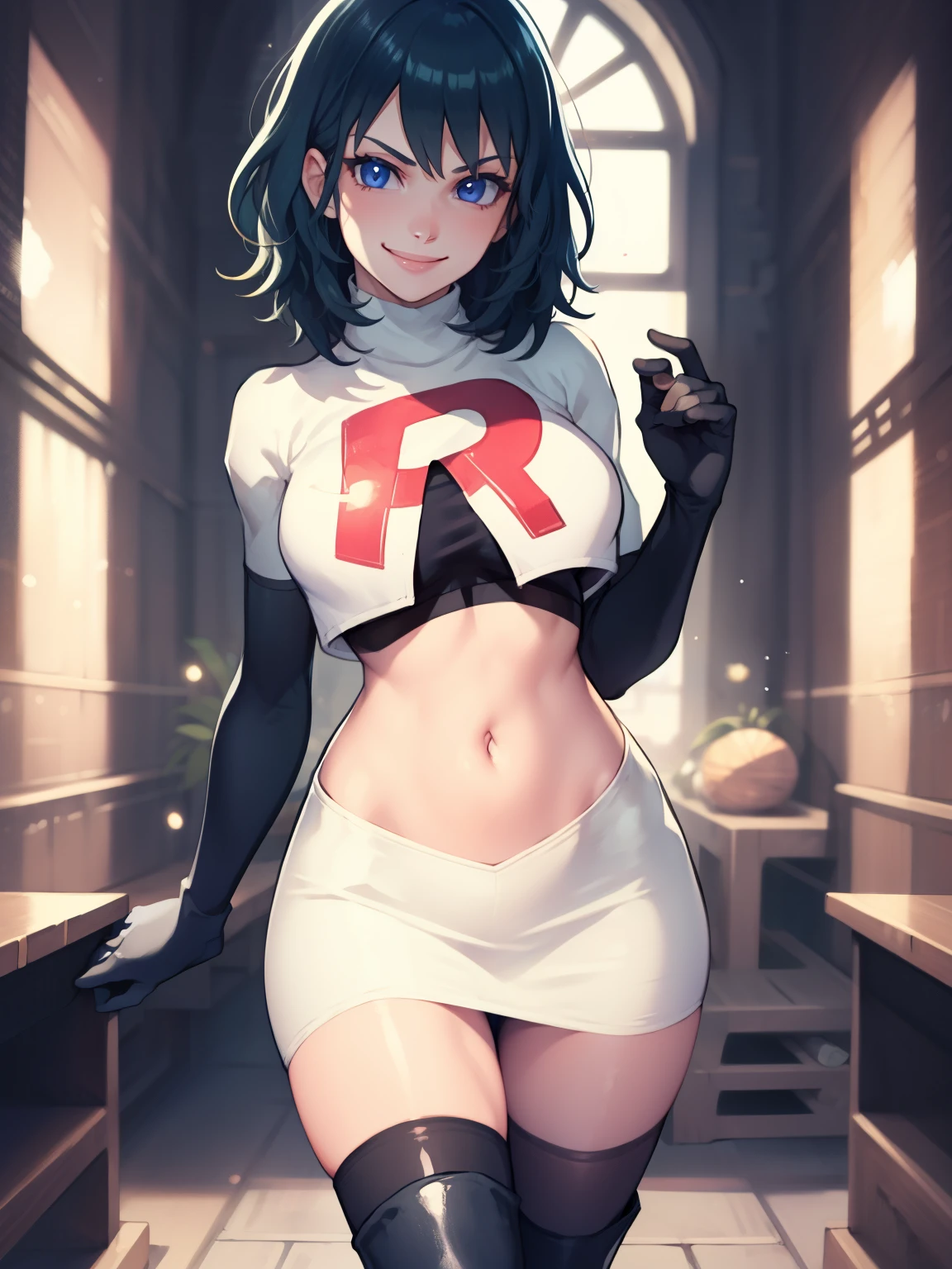 fembyleth, very short hair ,glossy lips ,team rocket uniform, red letter R, white skirt,white crop top,black thigh-high boots, black elbow gloves, evil smile, looking at viewer, cowboy shot