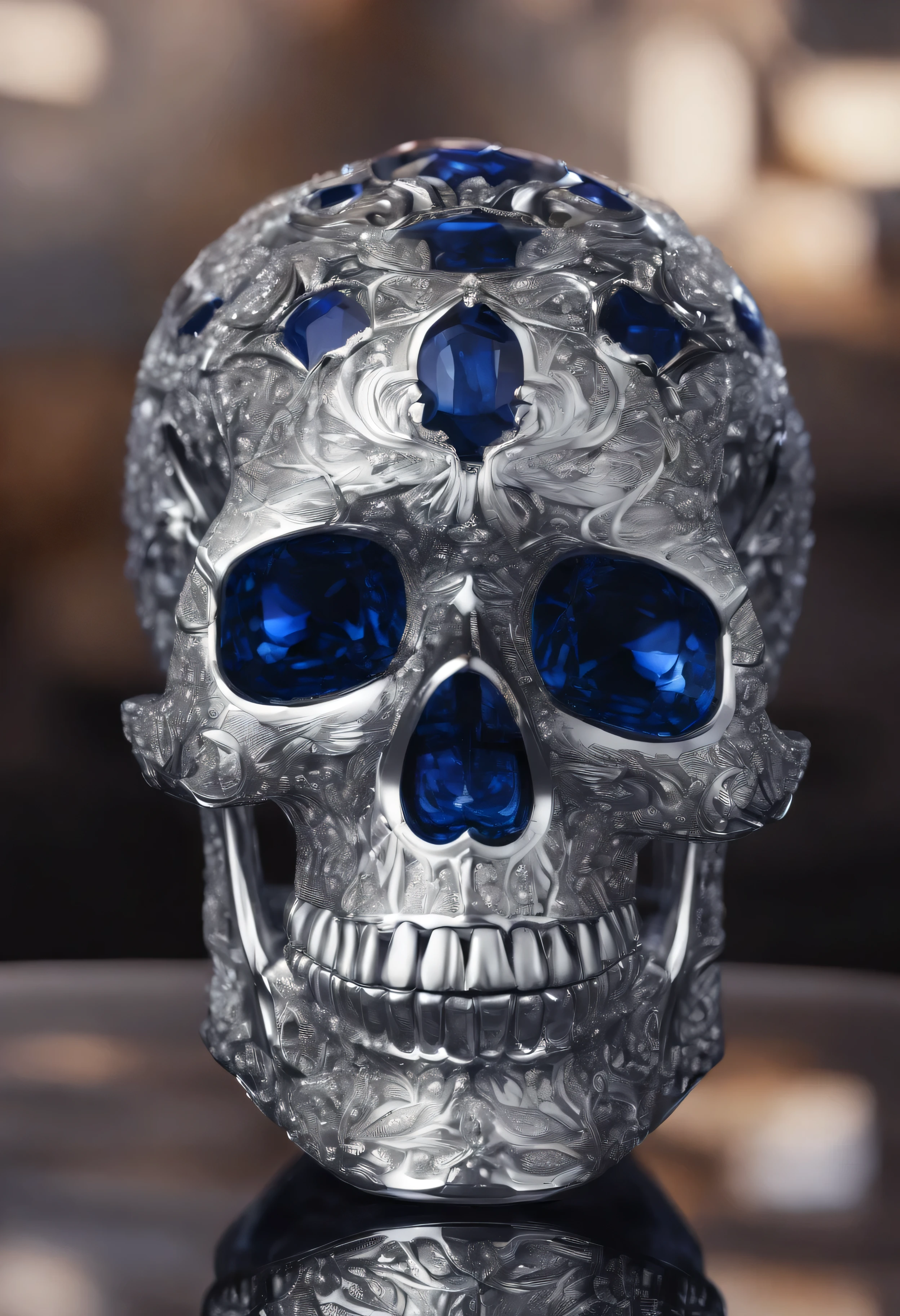 Close-up photograph from the ((front-left hand side)) of a highly detailed ((Sapphire Skull)), the (skull is solid sapphire:1.6), highly polished sapphire, (best quality,4k,8k,highres,masterpiece:1.2), ultra-detailed, (realistic,photorealistic,photo-realistic:1.37), HDR, UHD, studio lighting, (Glass-like material), vibrant colours, surreal, intricate details, mesmerizing, ethereal,  reflections, product atmosphere, captivating, clean, light refractions, kaleidoscopic reflections