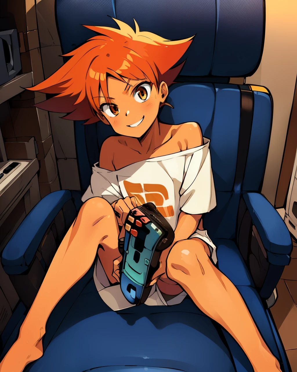 Edward,  tan skin, tomboy, midriff, orange hair, (white loose shirt), off shoulder, spiked hair, barefoot, bike shorts, brown eyes, goggles on head, upper body, 
space station, sitting on gaming chair, ((holding nintendo game controller)) (playing video gameull body
 (insanely detailed, beautiful detailed face, masterpiece, best quality)  volumetric lighting, best quality, masterpiece, intricate details, tonemapping, sharp focus, hyper detailed, cute smile (full body)